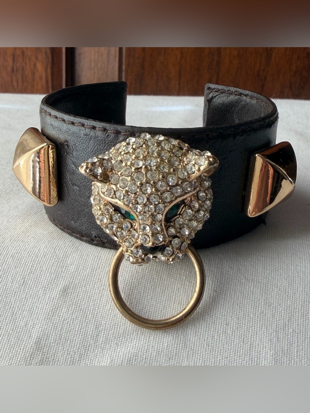 Rhinestone Leopard Head Leather Cuff Bracelet Gold Tone Studded Animal
